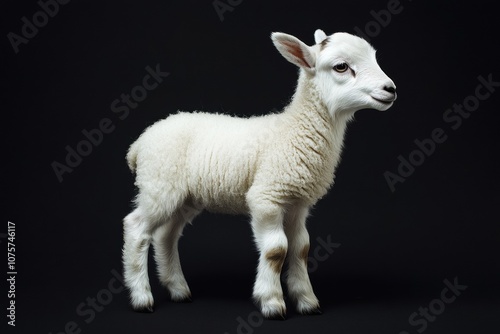 the beside view baby Dall Sheep standing, left side view, low angle, white copy space on right, Isolated on black Background