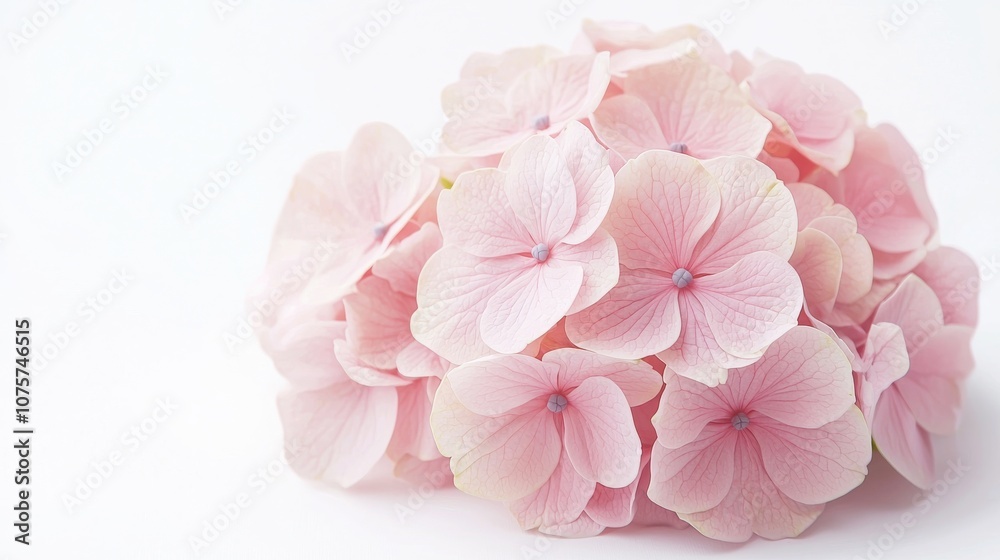 Beautiful pink hydrangea blooms arranged on a soft white background create stunning visuals