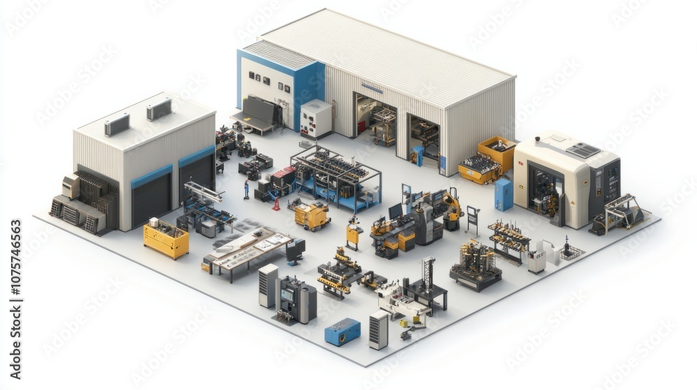 Factory environment with assembly lines, workstations, and industrial tools in use, isolated on white Factory environment with assembly lines, workstations, and industrial tools in use, isolated on white