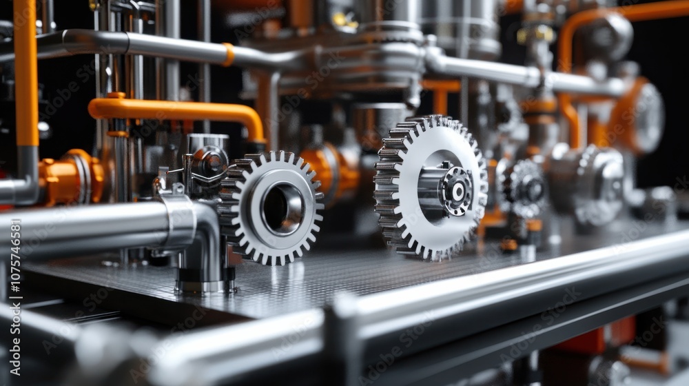 Fototapeta premium Factory equipment close-up with gears, pipes, and tools in an industrial setting, isolated on white