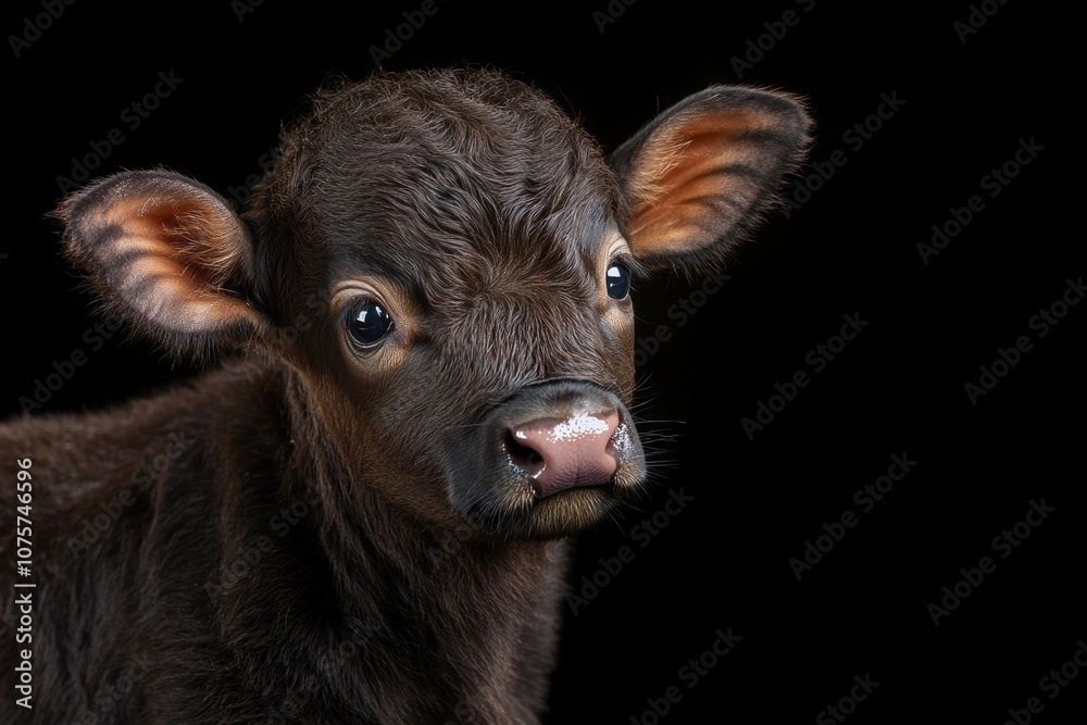 Mystic portrait of baby Domestic Water Buffalo in studio, copy space on right side, Headshot, Close-up View, isolated on black background Mystic portrait of baby Domestic Water Buffalo in studio, copy space on right side, Headshot, Close-up View, isolated on black background