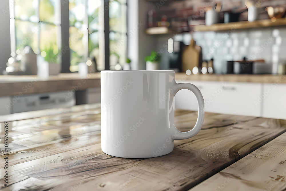 A minimalist white mug resting on a rustic wooden table in a beautifully lit kitchen, perfect for coffee or tea lovers. A minimalist white mug resting on a rustic wooden table in a beautifully lit kitchen, perfect for coffee or tea lovers.
