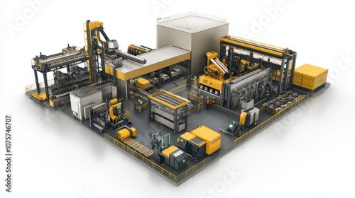 Factory floor with machines processing raw materials, assembly lines, and workers, isolated on white