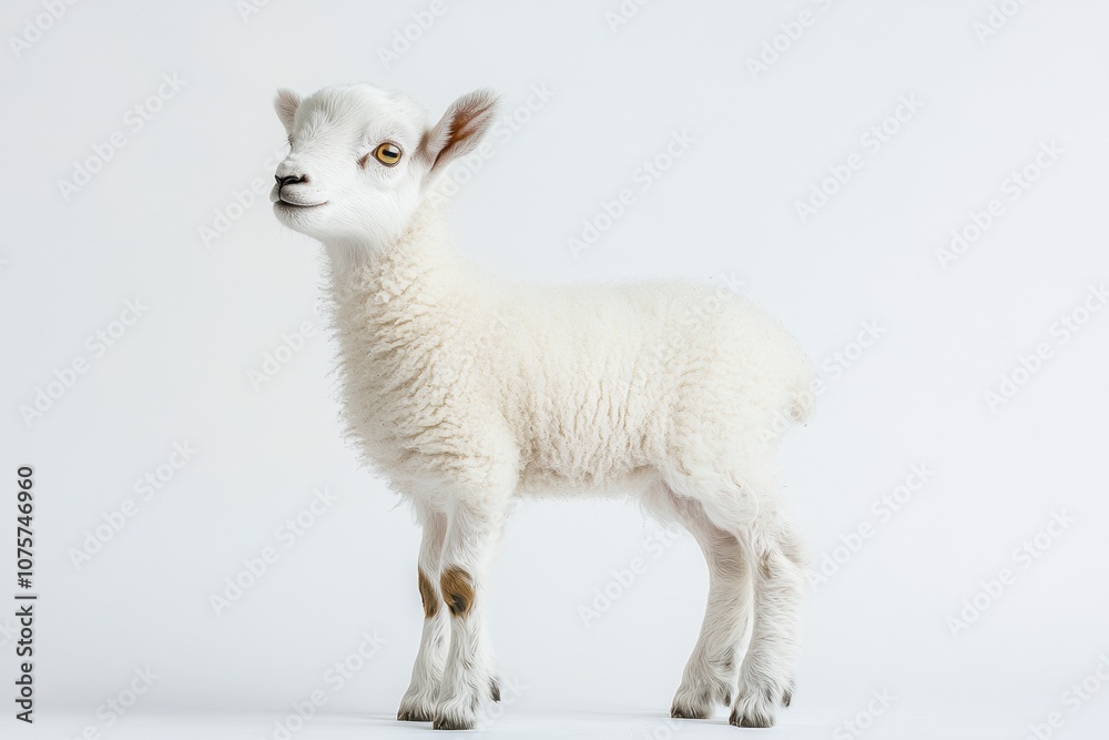 the beside view baby Dall Sheep standing, left side view, low angle, white copy space on right, Isolated on White Background the beside view baby Dall Sheep standing, left side view, low angle, white copy space on right, Isolated on White Background