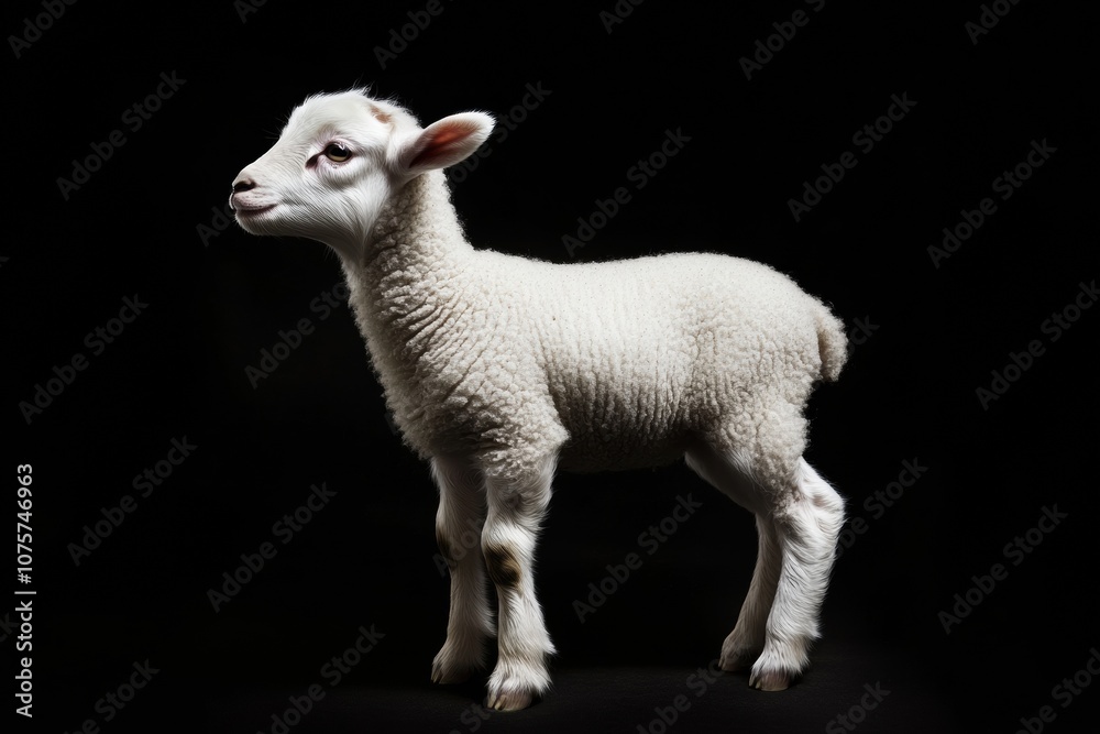 Fototapeta premium the beside view baby Dall Sheep standing, left side view, low angle, white copy space on right, Isolated on black Background