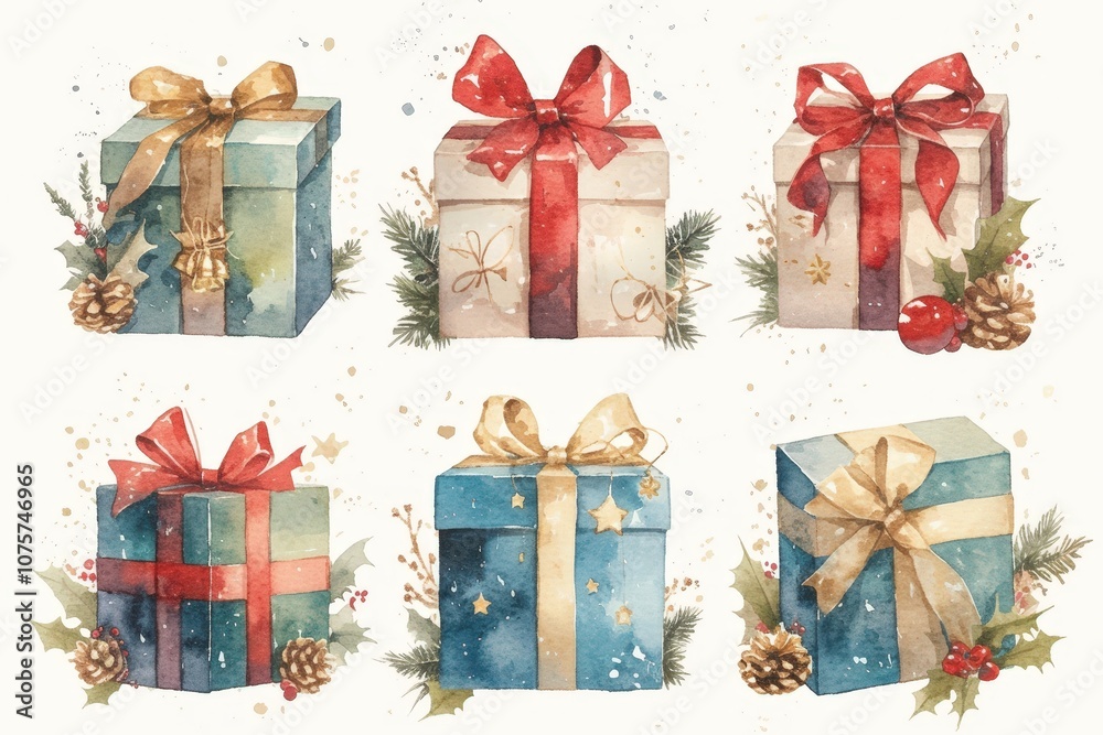 Holiday-themed watercolor illustration featuring Christmas gift boxes in various colors and sizes, decorated with bows and painted with soft, delicate brushstrokes on a white background.. Holiday-themed watercolor illustration featuring Christmas gift boxes in various colors and sizes, decorated with bows and painted with soft, delicate brushstrokes on a white background..