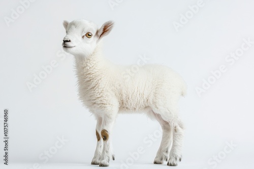 the beside view baby Dall Sheep standing, left side view, low angle, white copy space on right, Isolated on White Background