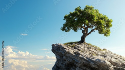 A solitary tree stands resolutely on a rocky outcrop beneath a perfectly clear sky photo