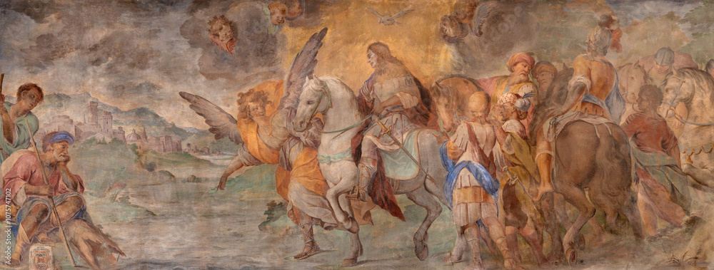 Naklejka premium ASTI, ITALY - SEPTEMBER 10, 2024: The fresco of scene from life of St. Secundus (Secondo) in the church Collegiata di San Secondo by Giovanni Battista Pozzo from 18. cent.