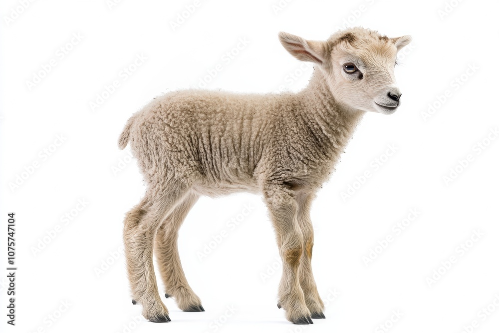 the beside view baby Argali Sheep standing, left side view, low angle, white copy space on right, Isolated on White Background the beside view baby Argali Sheep standing, left side view, low angle, white copy space on right, Isolated on White Background