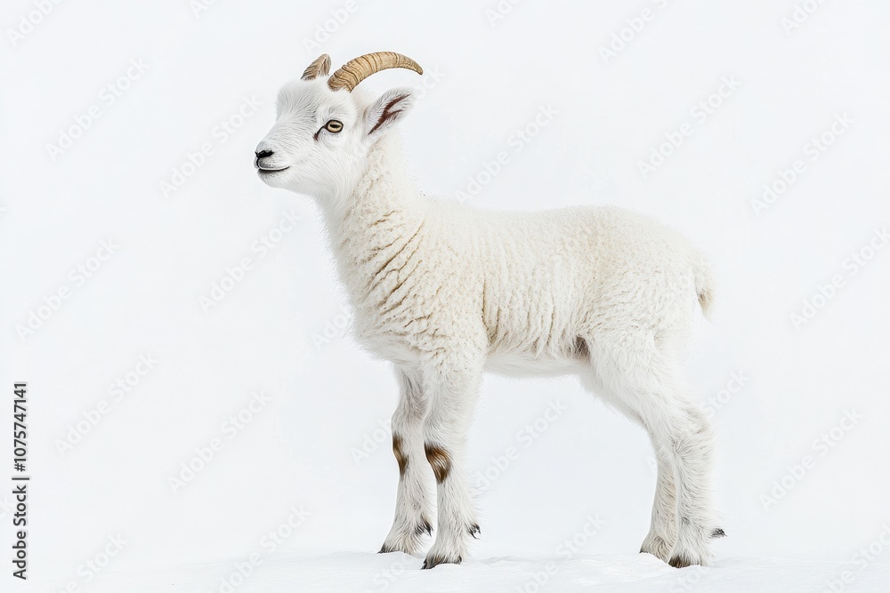 Obraz premium the beside view baby Dall Sheep standing, left side view, low angle, white copy space on right, Isolated on White Background