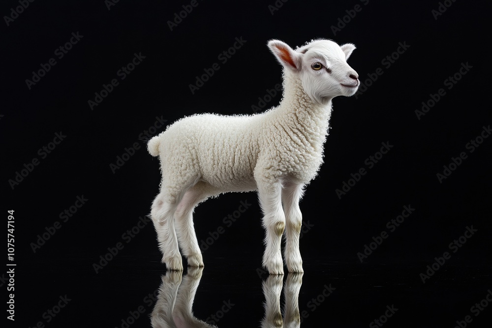 Obraz premium the beside view baby Dall Sheep standing, left side view, low angle, white copy space on right, Isolated on black Background