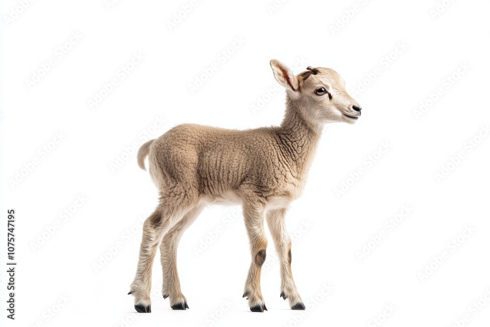 the beside view baby Bighorn Sheep standing, left side view, low angle, white copy space on right, Isolated on White Background the beside view baby Bighorn Sheep standing, left side view, low angle, white copy space on right, Isolated on White Background