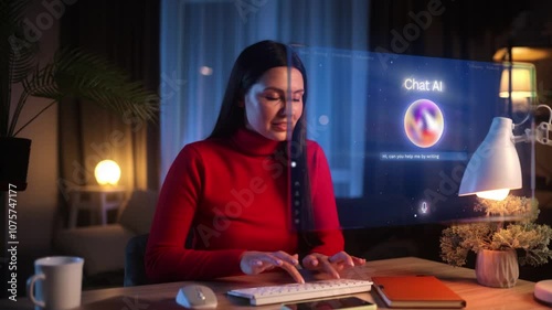 Creative Beautiful Woman Using a Computer, Using AI Chatbot Virtual Assistant. Creative Prompt Engineer. A Woman is Working Late on a Computer with Holographic Projections