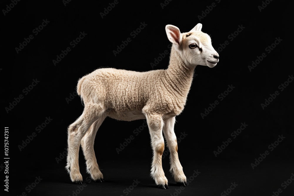 Fototapeta premium the beside view baby Argali Sheep standing, left side view, low angle, white copy space on right, Isolated on black Background