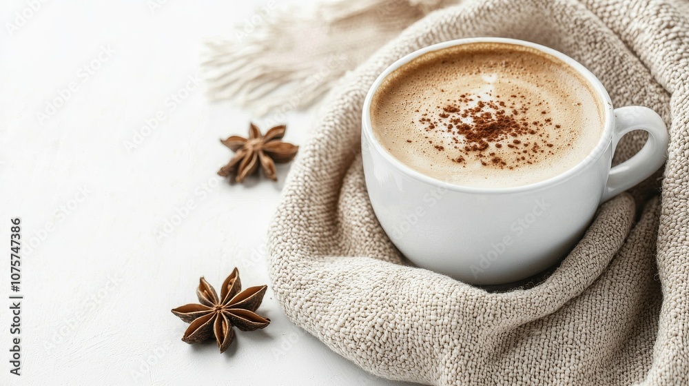 A snug and cozy coffee cup surrounded by delightful spices set on a soft fabric background