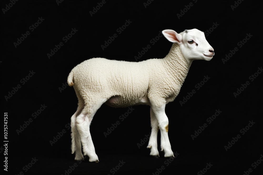 Fototapeta premium the beside view baby Domestic Sheep standing, left side view, low angle, white copy space on right, Isolated on black Background