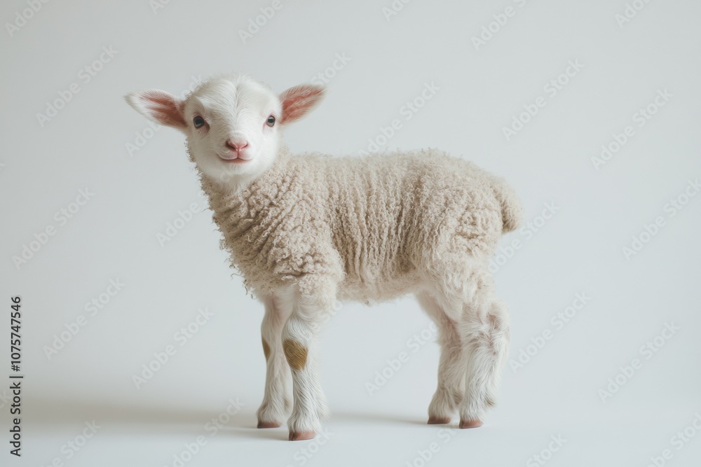 the beside view baby Domestic Sheep standing, left side view, low angle, white copy space on right, Isolated on White Background the beside view baby Domestic Sheep standing, left side view, low angle, white copy space on right, Isolated on White Background