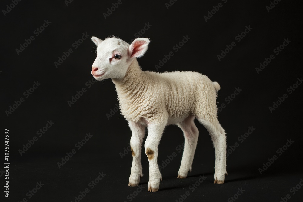 the beside view baby Domestic Sheep standing, left side view, low angle, white copy space on right, Isolated on black Background the beside view baby Domestic Sheep standing, left side view, low angle, white copy space on right, Isolated on black Background