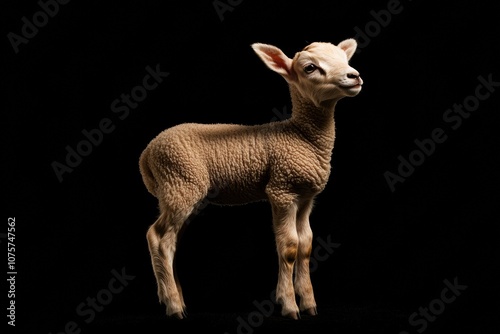 the beside view baby Domestic Sheep standing, left side view, low angle, white copy space on right, Isolated on black Background