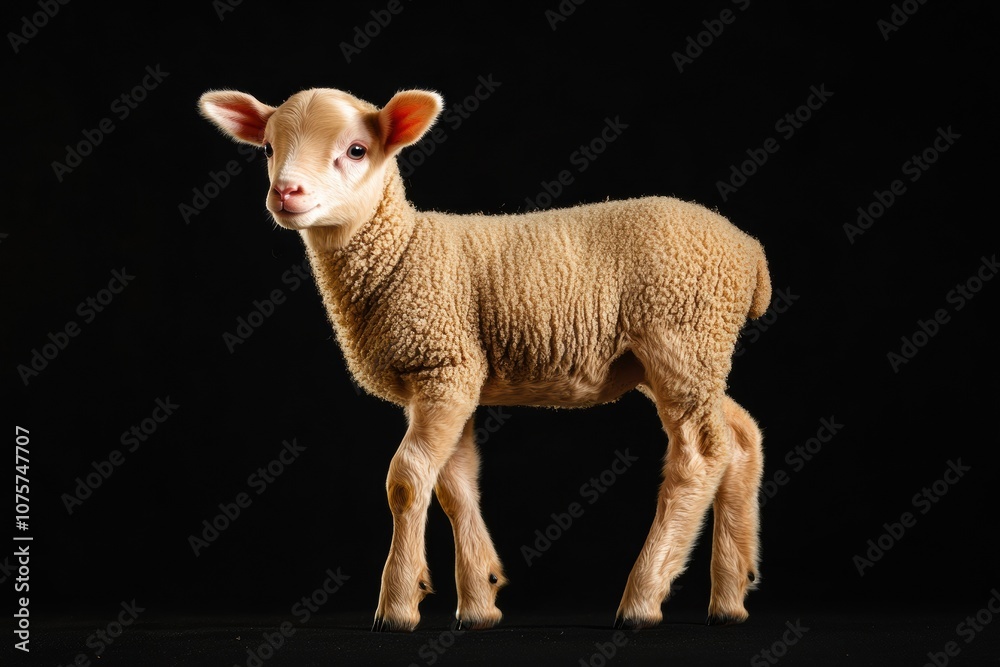 Fototapeta premium the beside view baby Domestic Sheep standing, left side view, low angle, white copy space on right, Isolated on black Background