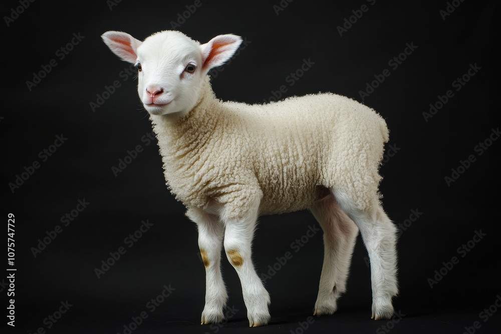 Fototapeta premium the beside view baby Domestic Sheep standing, left side view, low angle, white copy space on right, Isolated on black Background
