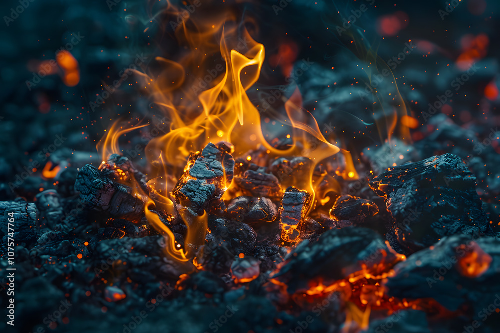Close-up of glowing charcoal with vibrant flames and sparks, creating a dramatic and warm ambiance. Close-up of glowing charcoal with vibrant flames and sparks, creating a dramatic and warm ambiance.