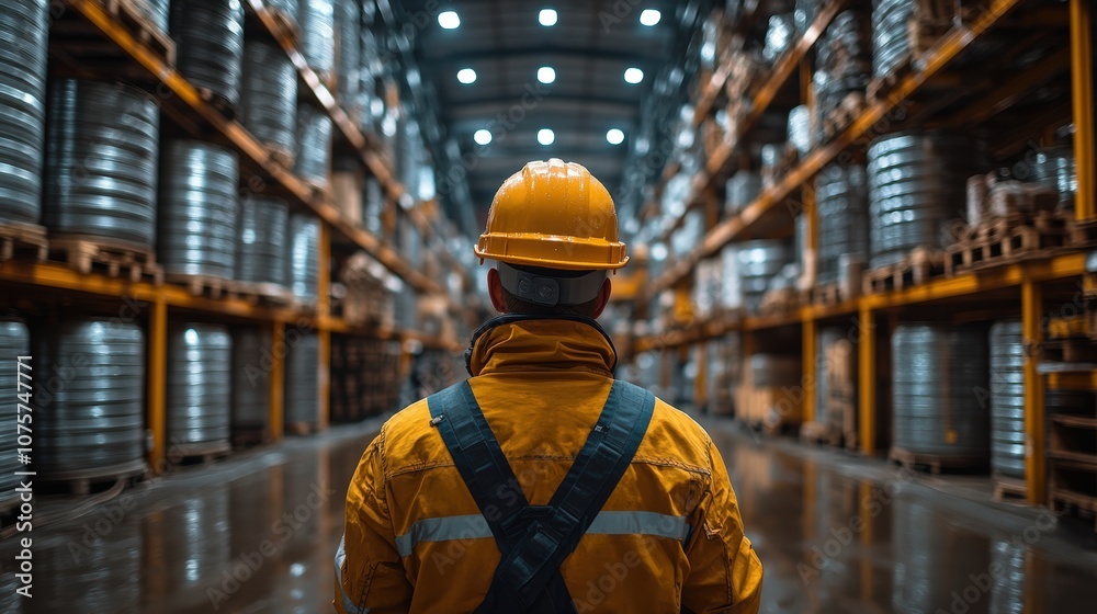 Worker in safety gear stands among rows of industrial barrels in a warehouse, emphasizing safety and organization
