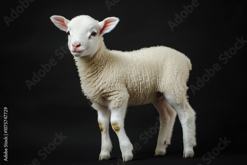 the beside view baby Domestic Sheep standing, left side view, low angle, white copy space on right, Isolated on black Background