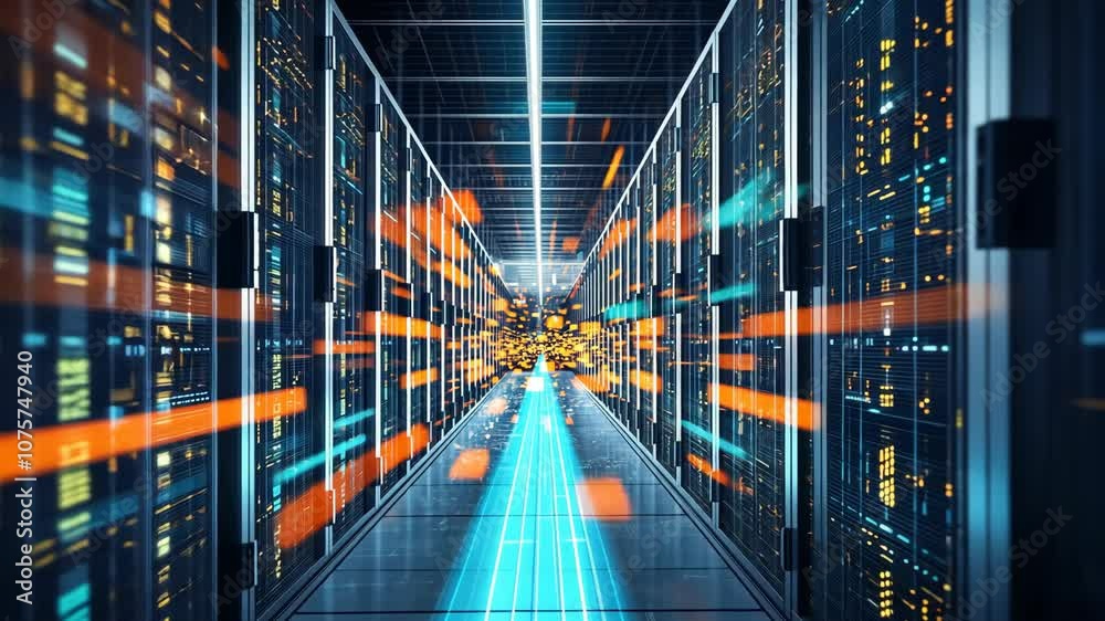 A long hallway in a data center with rows of servers and glowing blue lights