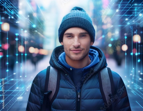 Urban Portrait of Young Man in Winter Attire with Digital Network Overlay, City Lights, Futuristic Theme