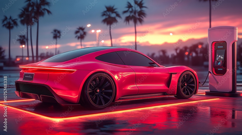 An electric car charging at a vibrant station during sunset in a tropical location An electric car charging at a vibrant station during sunset in a tropical location