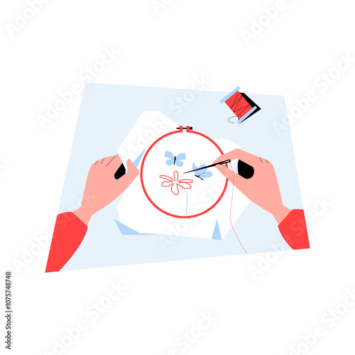 Close Up Hands Embroidering Floral Pattern On Fabric In Flat Vector Illustration Symbolizing Craftsmanship, Creativity, And Patience, Isolated On White Background.