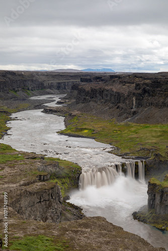 Large waterfall in Iceland from cliffs