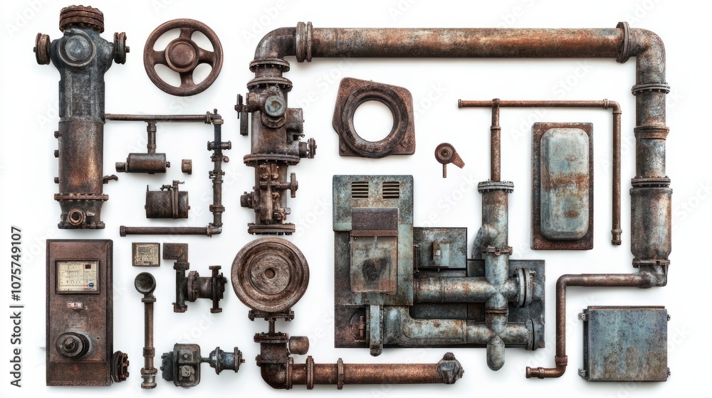 Industrial background featuring machinery, metal pipes, and factory equipment, isolated on white Industrial background featuring machinery, metal pipes, and factory equipment, isolated on white