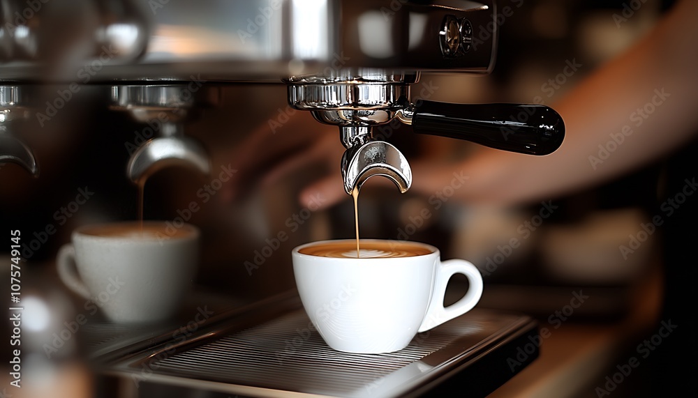 Barista Making Fresh Espresso with Frothy Crema Using Professional Machine : Generative AI Barista Making Fresh Espresso with Frothy Crema Using Professional Machine : Generative AI