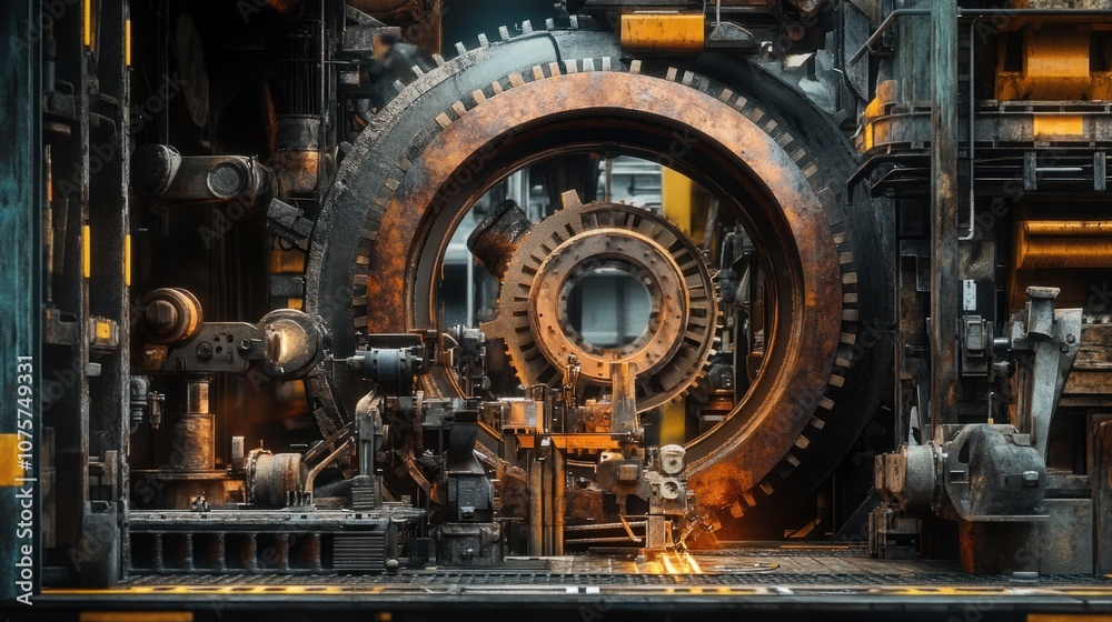Fototapeta premium Industrial background with large metal gears, robotic arms, and tools in an assembly plant