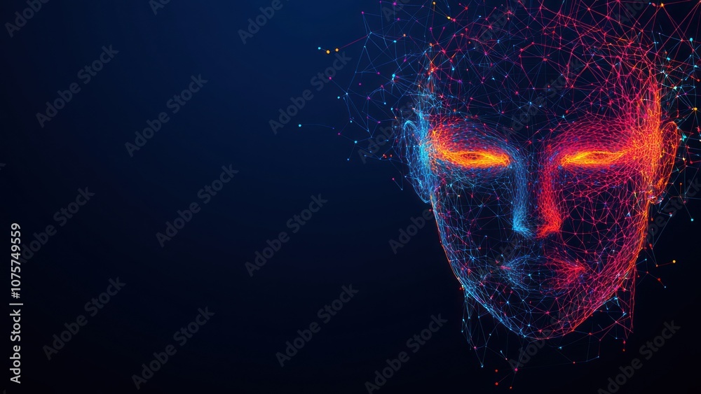 Abstract digital representation of a humanoid face with glowing features and a network-like structure. Abstract digital representation of a humanoid face with glowing features and a network-like structure.