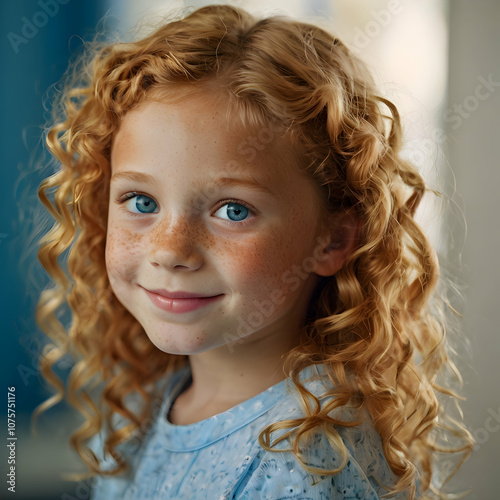 A close portrait of a freckle-faced 6-year-old girl, her orange-blonde curls resting on her shoulders. She gazes at the camera with bright blue eyes and a sweet smile, set against a subtly blurred mir photo