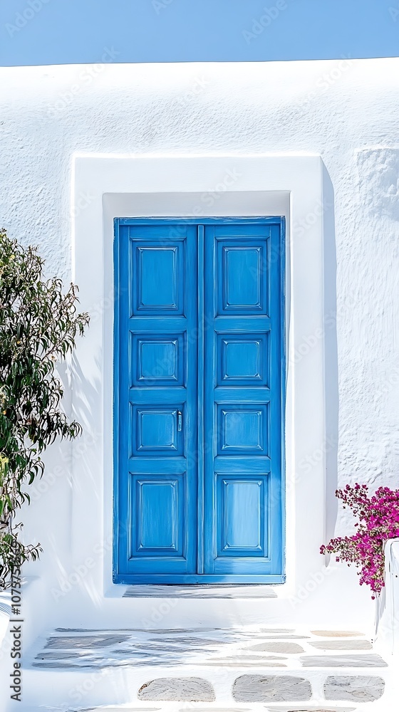 Cobalt blue door against white stucco wall with bougainvillea flowers : Generative AI Cobalt blue door against white stucco wall with bougainvillea flowers : Generative AI