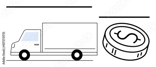 Cargo truck in motion accompanied by a dollar coin illustration. Ideal for logistics, transportation, financial services, ecommerce, delivery, trade, supply chain. Line metaphor