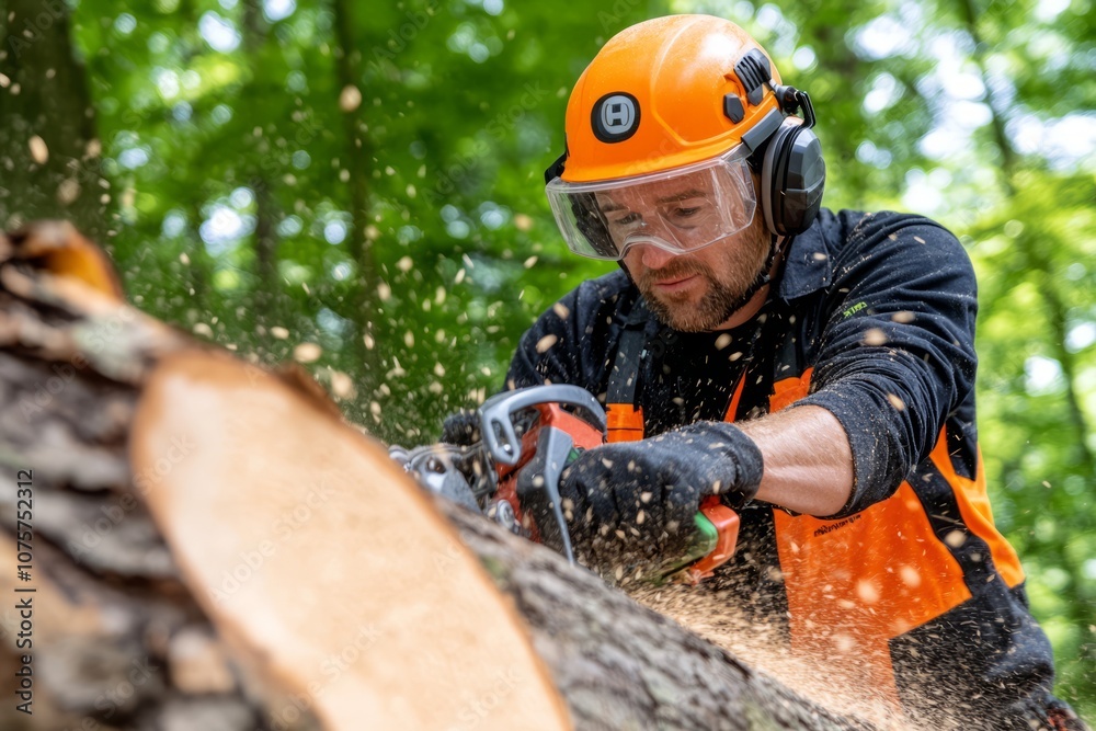 Close-up of chainsaw cutting a log, with wood shavings flying during logging work. Close-up of chainsaw cutting a log, with wood shavings flying during logging work.