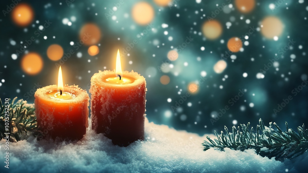Enchanting Winter Night with Candles and Holiday Lights in Snowy Surroundings : Generative AI Enchanting Winter Night with Candles and Holiday Lights in Snowy Surroundings : Generative AI