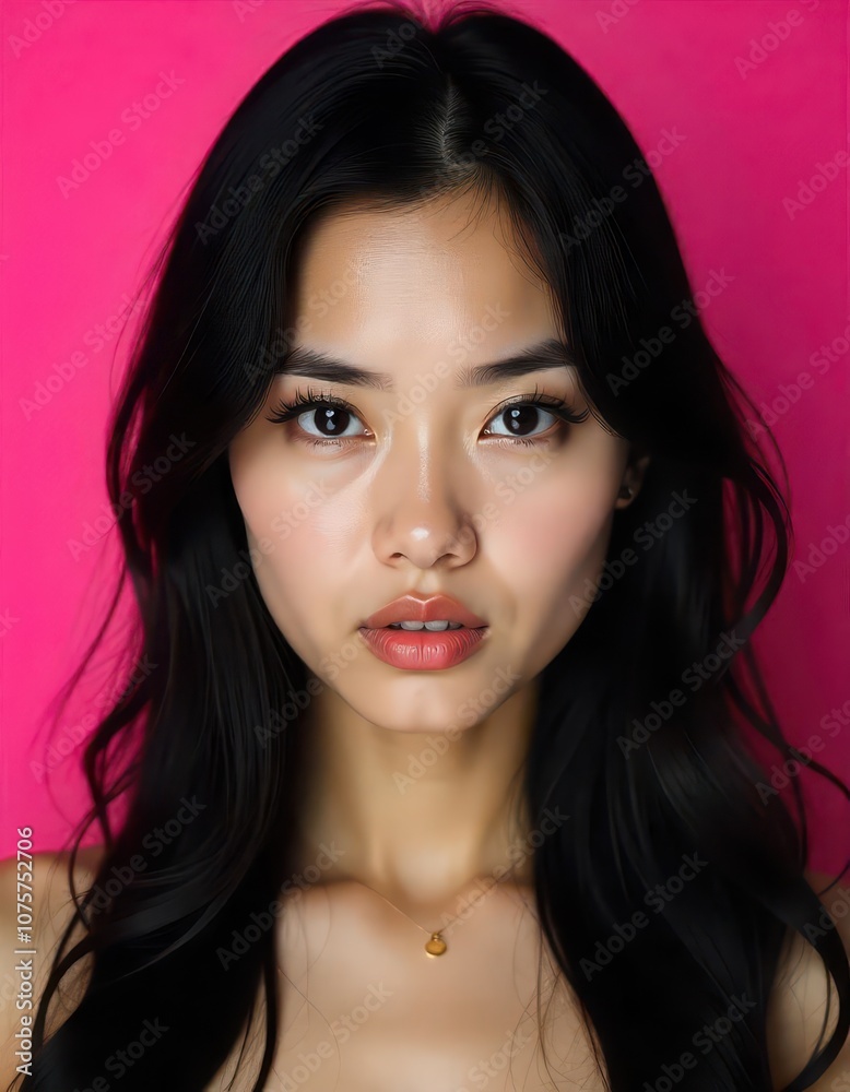 A young Asian woman with long dark hair and intense gaze, set against a vibrant pink background A young Asian woman with long dark hair and intense gaze, set against a vibrant pink background