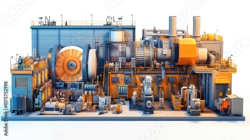 Power plant interior with turbines, control panels, and industrial equipment, isolated on white