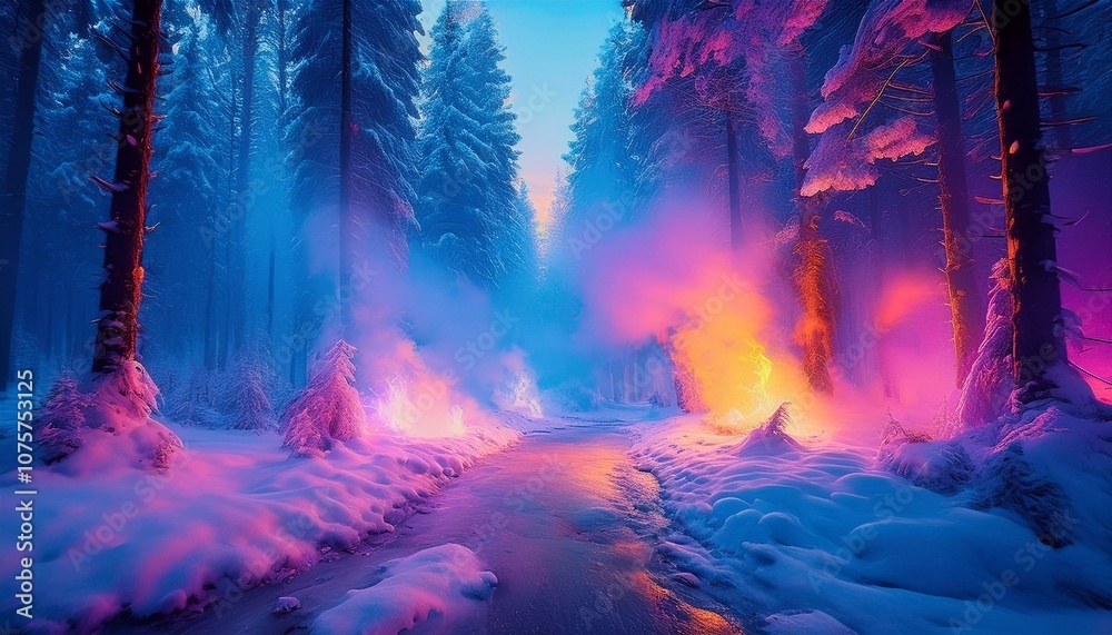 Obraz premium In a winter forest, delicate smoke art in shades of light blue, pink, yellow, and lavender swirls through the trees, creating a magical and dreamlike atmosphere.