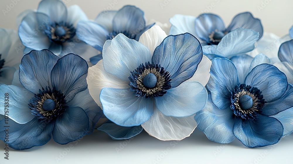 Blue-white flowers sit together on a white background with water-drops on petals Blue-white flowers sit together on a white background with water-drops on petals