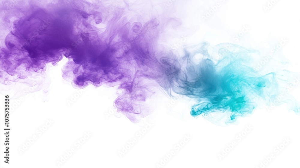 Obraz premium Purple and blue clouds of smoke against white background, with space for text on left side