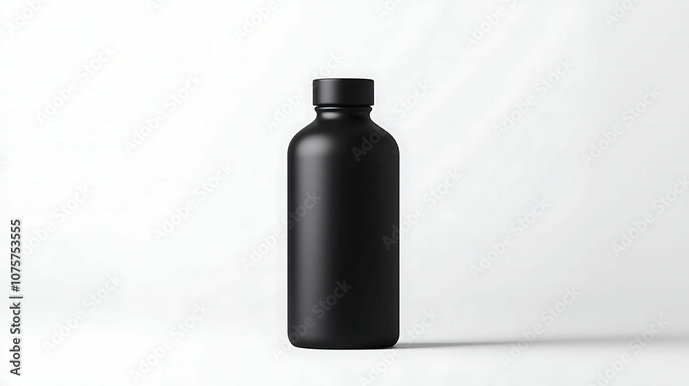 A sleek, matte black bottle stands upright against a minimalist white backdrop, showcasing modern design aesthetics and versatility in packaging.