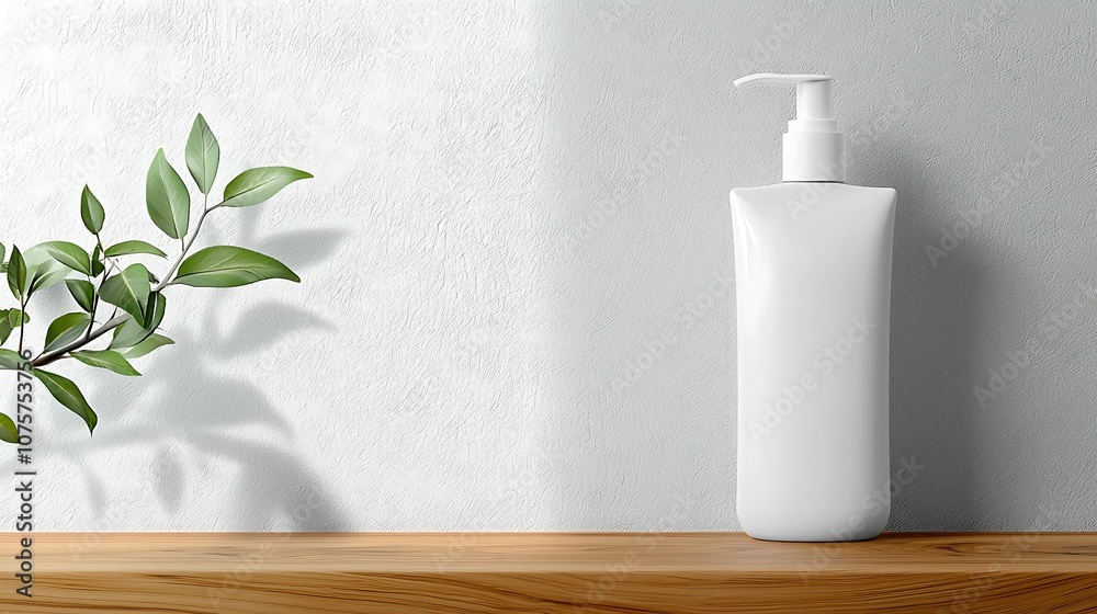 Minimalistic scene featuring a white lotion bottle on a wooden shelf beside a fresh green leaf against a textured wall. Minimalistic scene featuring a white lotion bottle on a wooden shelf beside a fresh green leaf against a textured wall.